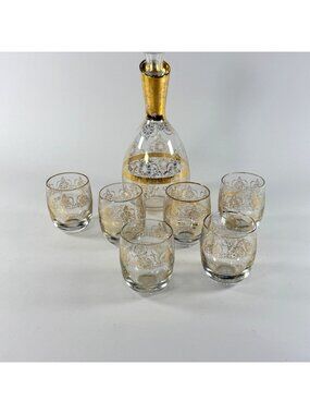 Vintage MCM 1960's-1970's Gold Filigree Decanter w/6 Cocktail Glasses Barware